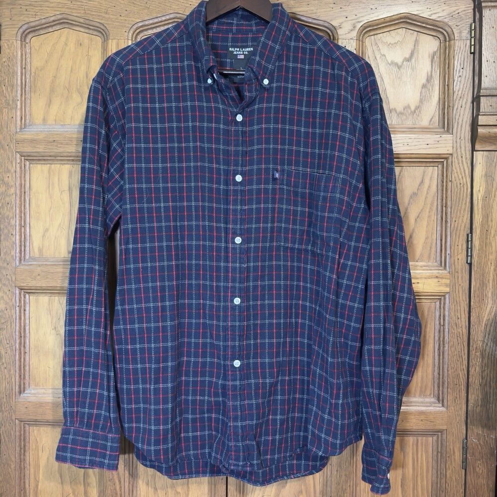 Ralph Lauren Jeans Company Flannel Shirt Men's L Navy Red Plaid LS Button Down